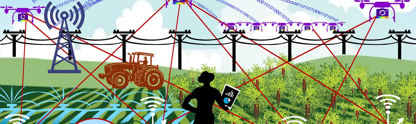 An illustration depicting a complex network between soil sensors, flying robots, the internet and a farmer.
