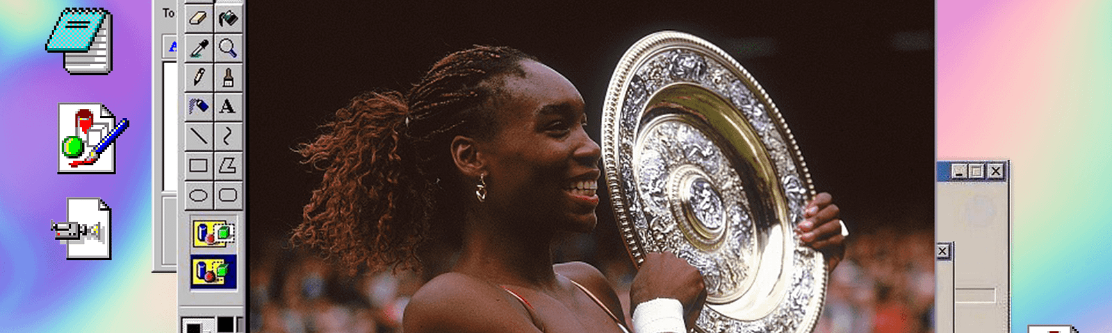 Venus Williams holding her Wimbledon trophy in 2000 on a Windows 95 desktop with a rainbow gradient background.