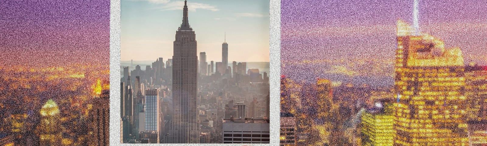 A hand holding a Polaroid photo of NYC up to the NYC skyline at evening.