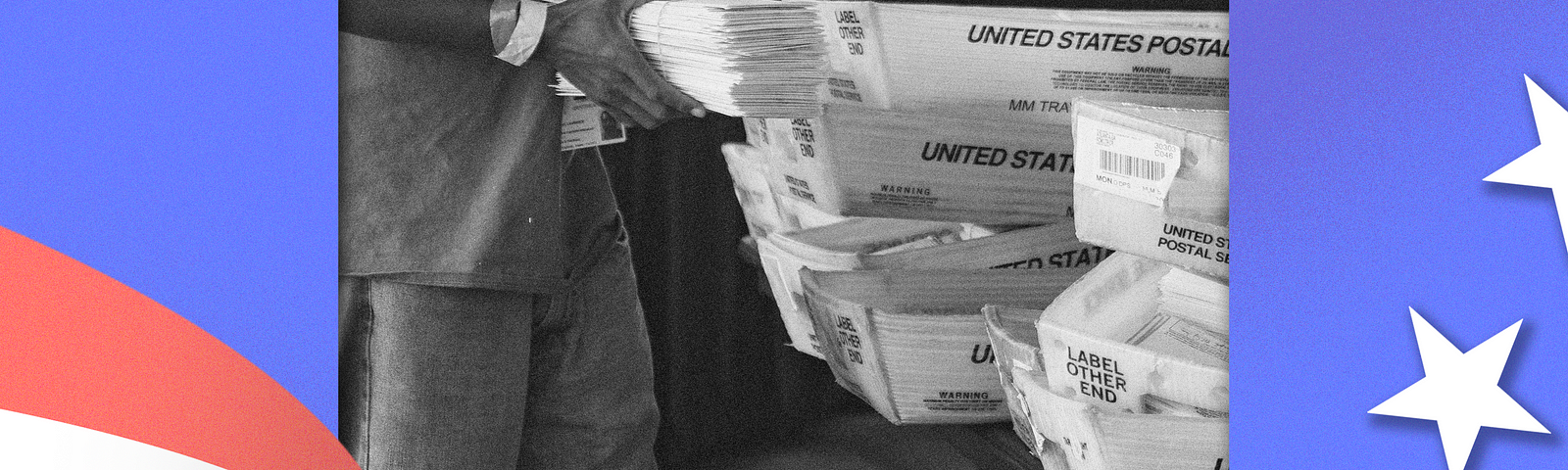 A poll worker collects mail-in ballots.