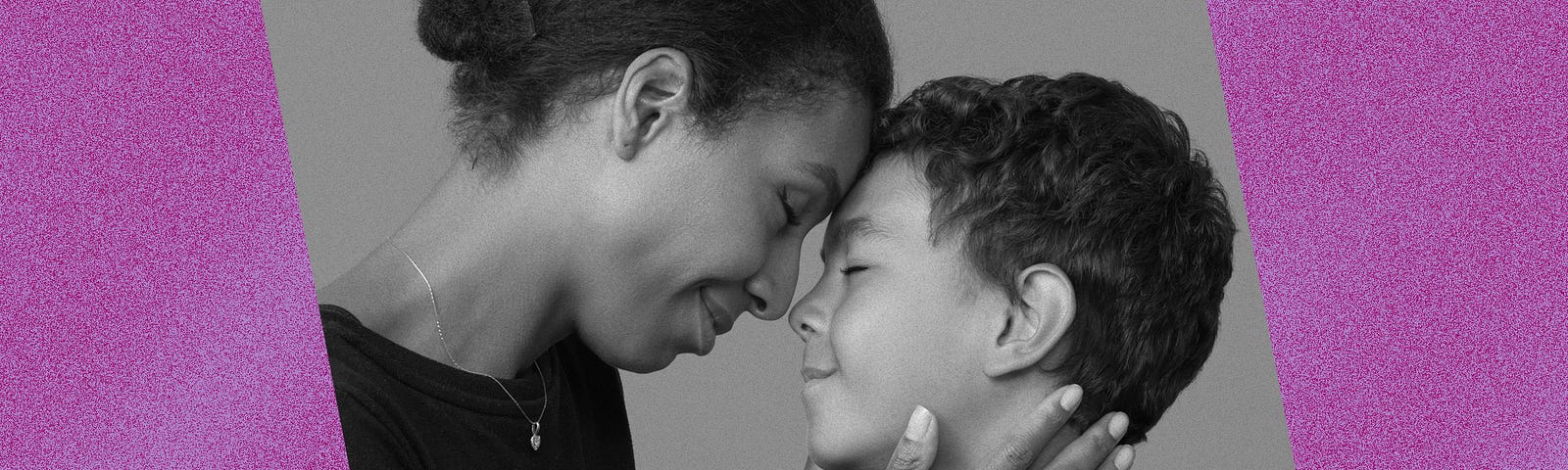 Black and white image of a mother and son against a violet background.