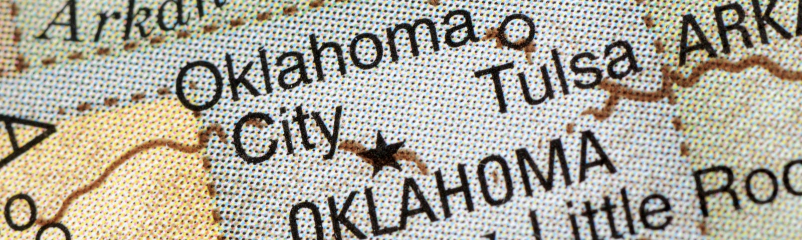 A close-up photo of Oklahoma on a map of the United States.