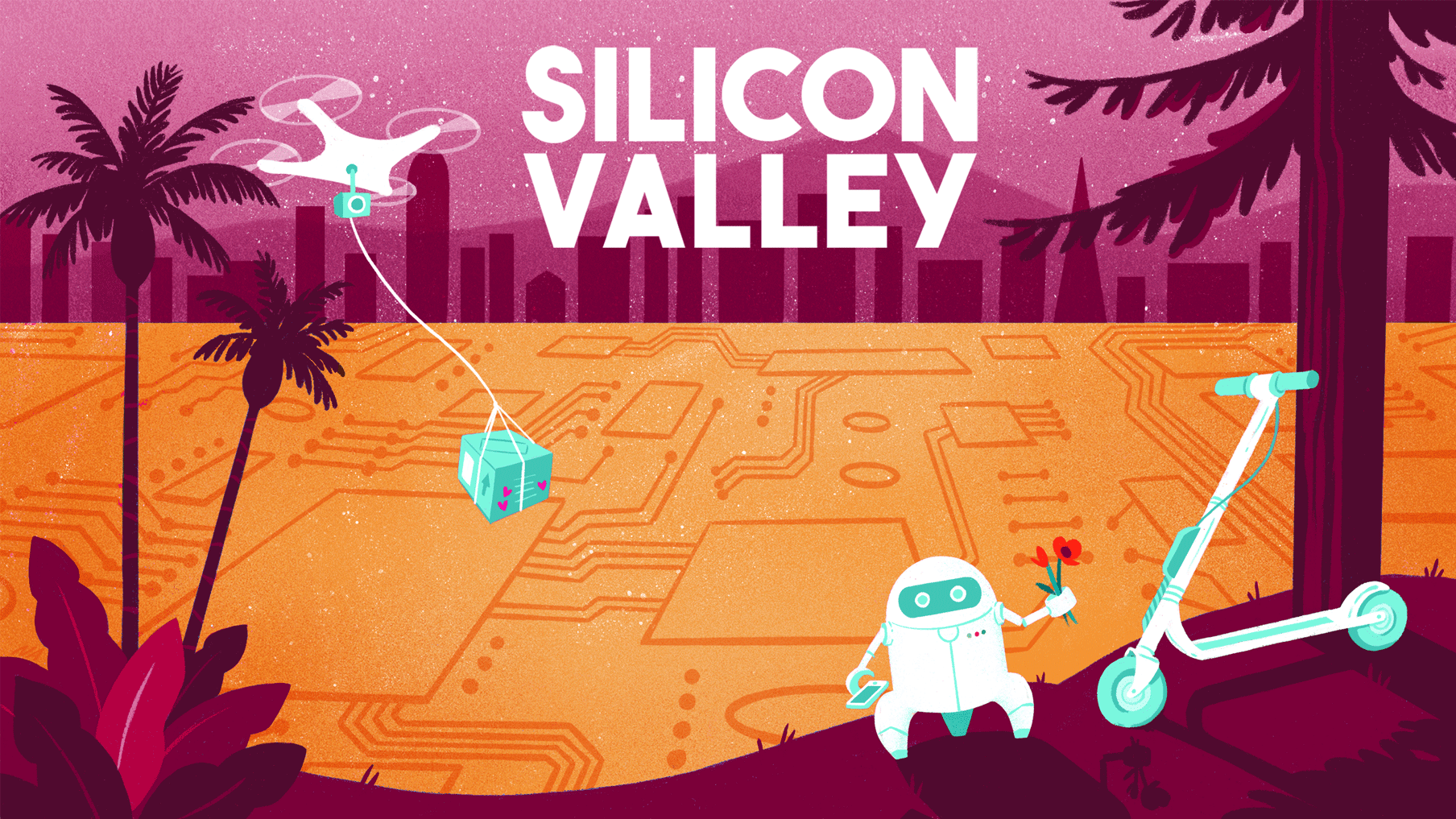 Animation of Silicon Valley in the distance, with an electric scooter, a drone, and a small robot in the foreground.
