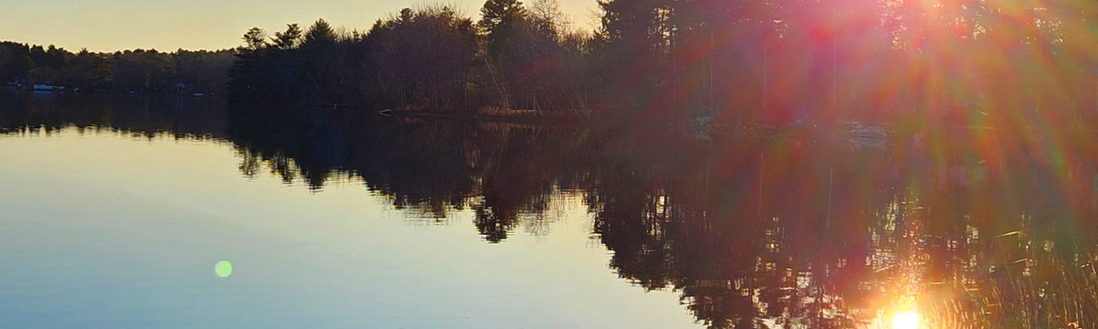 The sun peeking over the tree line in a clear blue sky, as above so below, the lake by the shore is also a clear blue still, reflection of above