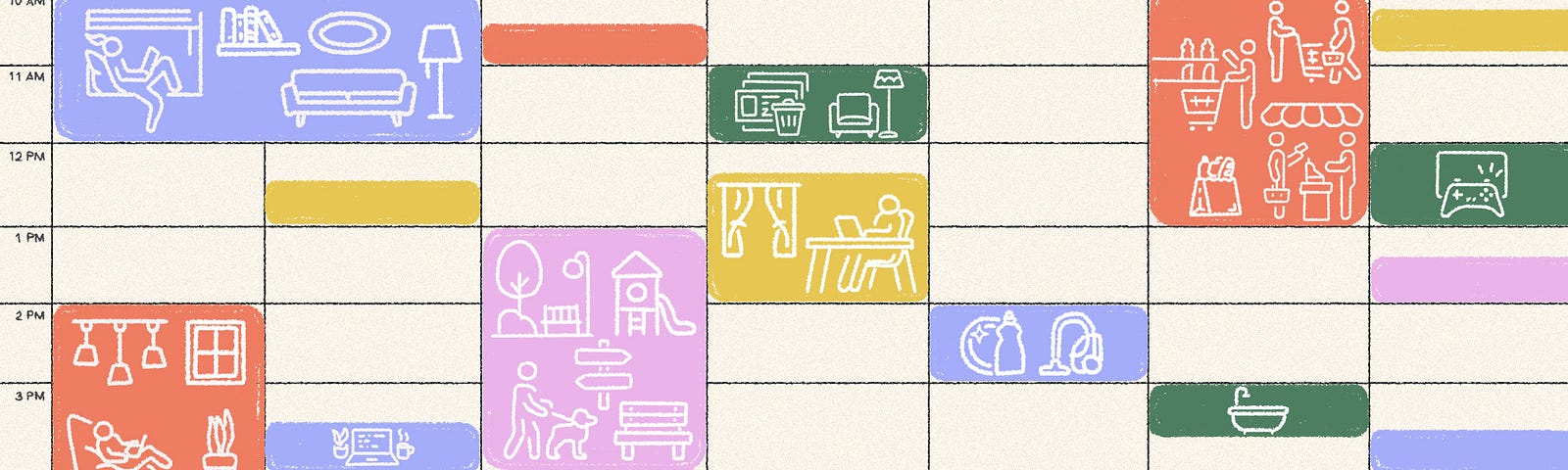 Illustration of a calendar with times blocked off with colorful images of actions/activities.