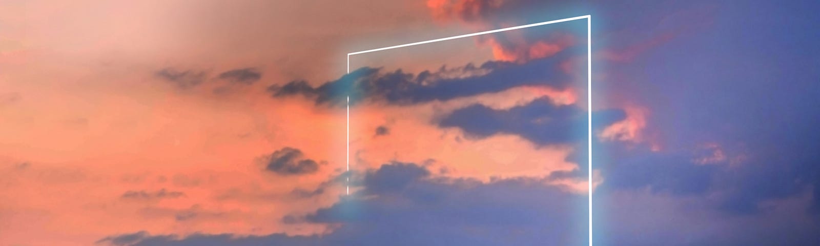 A photo of poetic neon square light against a sunset sky.