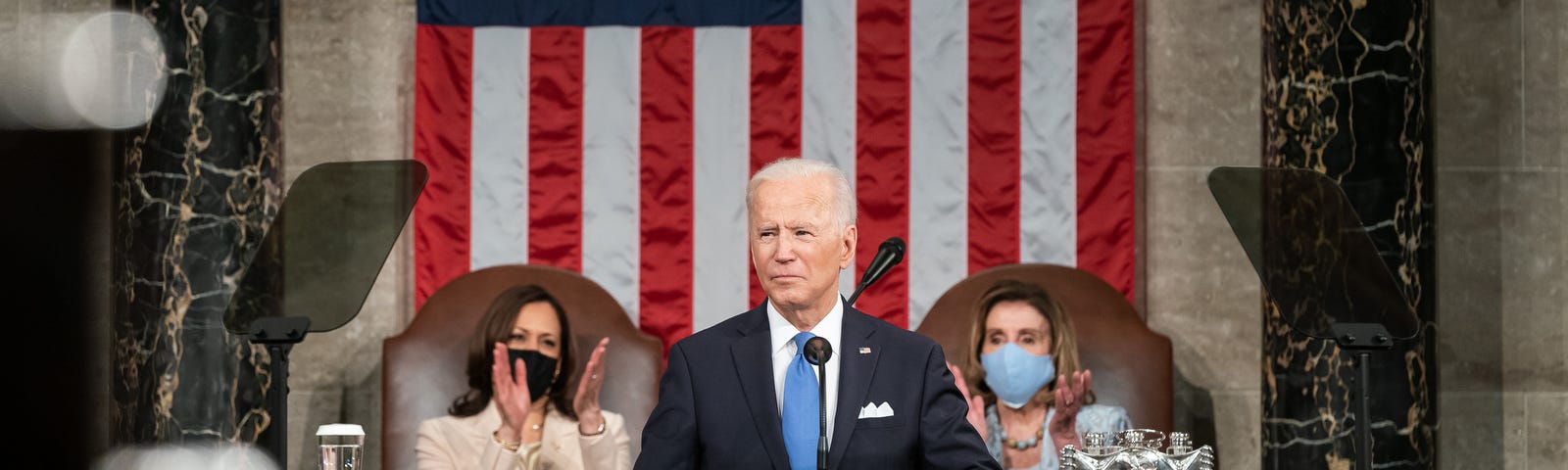 Above President Joe Biden, joined by Vice President Kamala Harris and House Speaker Nancy Pelosi, D-Calif., delivers remarks during a Joint Session of Congress Wednesday, April 28, 2021, at the U.S. Capitol in Washington, D.C. (Official White House Photo by Adam Schultz)
