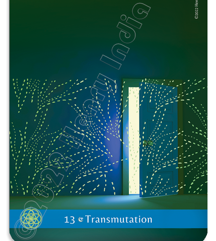 Tarot Card #13 — Transmutation (Death). A lushly dark green space is illuminated by a light-flooded door that beckons us. Energy, like glowing tree branches flow along the blue-green wall and through the glowing door.