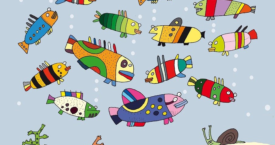 A colourful graphic of different sized, shaped and patterned fish swimming in the water.