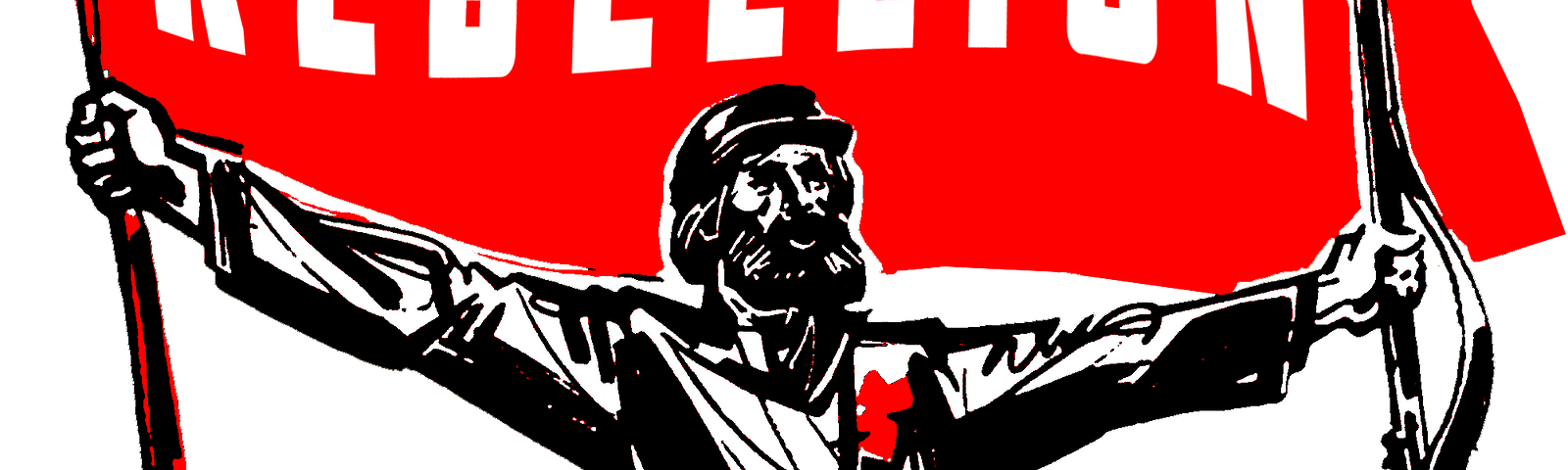 A man from chest up, reminiscent of a stereotypical communist revolutionary, stands with his arms wipe, holding rifles in each hand. Above him is a large red flag, as wide as his arms, with the word’s Steelweaver’s Rebellion in white block letters.