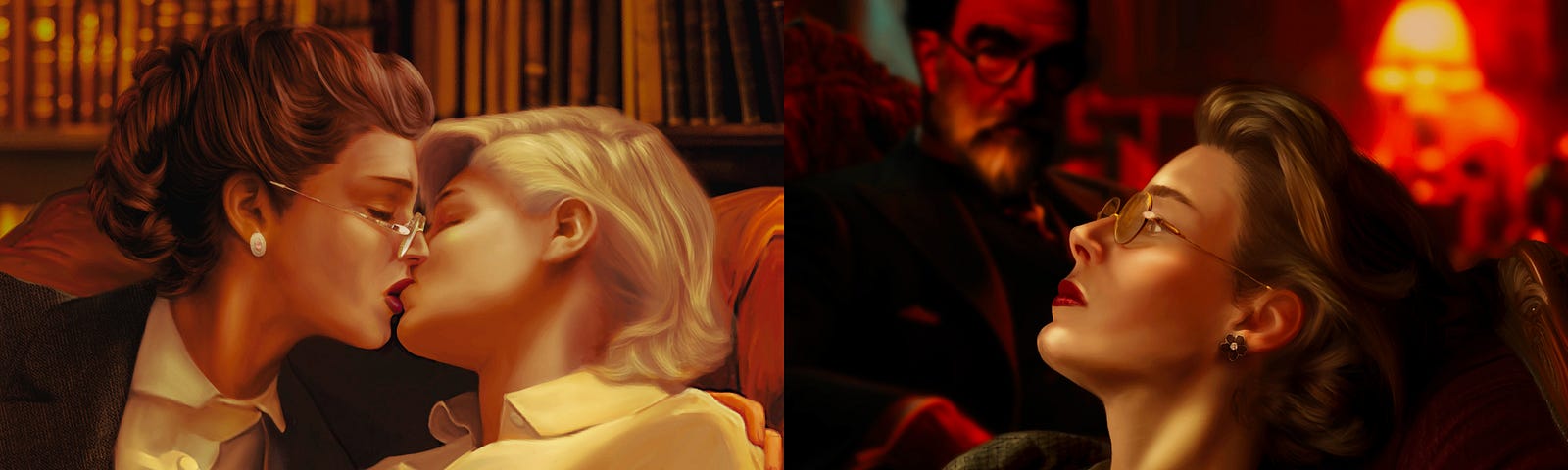 Four digital illustrations, cover images from chapters 9–12 of Secrets of the Velvet Trap, featuring Eleanor, Eddie, and Victor