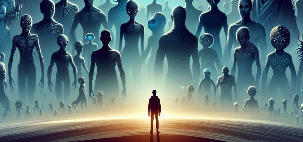 a small man looking at several gigantic aliens looking down on him