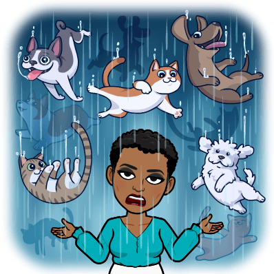 Angry person standing outside in the rain surrounded by happy cats and dogs falling from the sky
