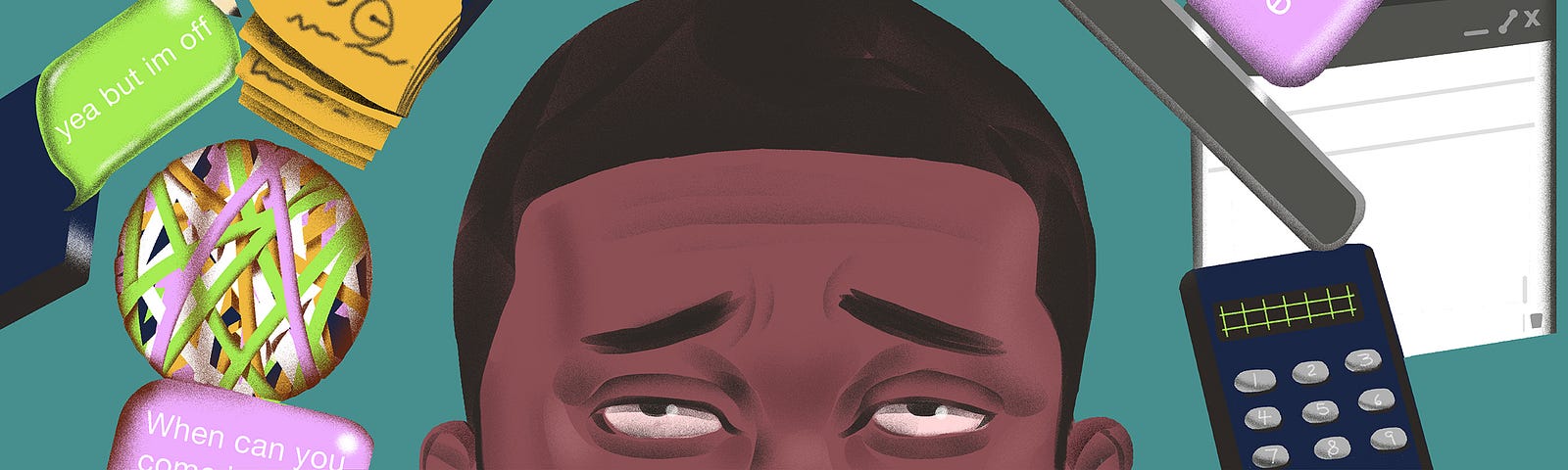 Illustration of an African American man looking up worried, as wor kreminders like emails, texts, and messages surround him.