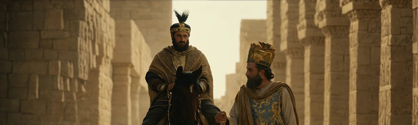 Prince Haman leading Mordecai through the streets of Babylon