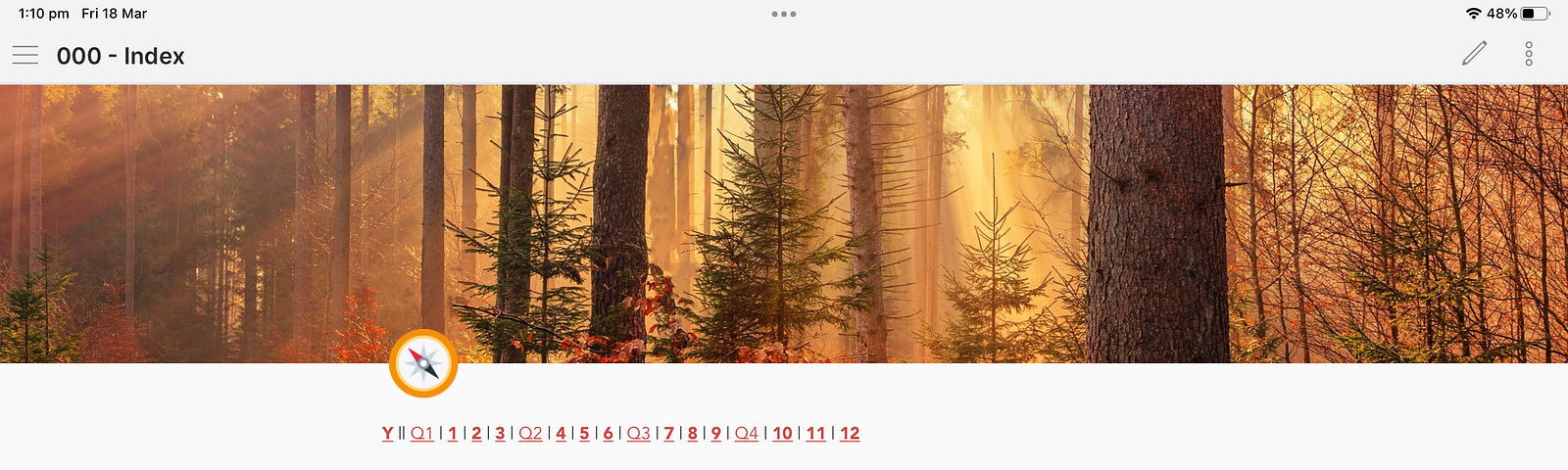 Screenshot of Obsidian Index page, with autumn-toned forest banner at the top