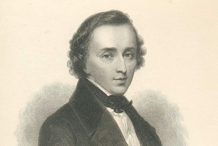 An etching of Chopin from the waist up