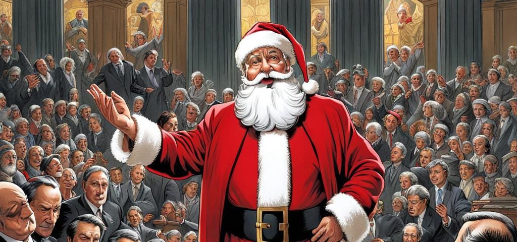 Santa Claus, wearing a red traditional suit, is being persecuted by a crowd of lawyers, judges, and CEOs, in black and grey suits, for crimes of capitalism while he defends himself citing hypocrisy for his freedom.