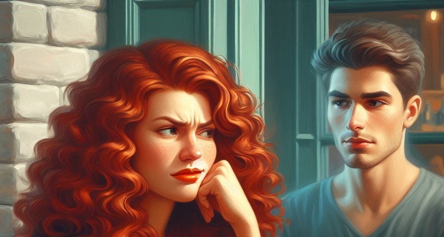 A young woman with red hair is annoyed by her ex-fiancé while trying to enjoy a drink at her favourite café.