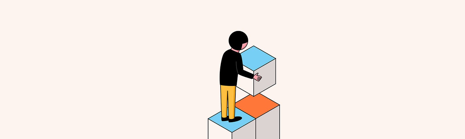 An illustration of a person walking up building blocks and holding the block for the next step.