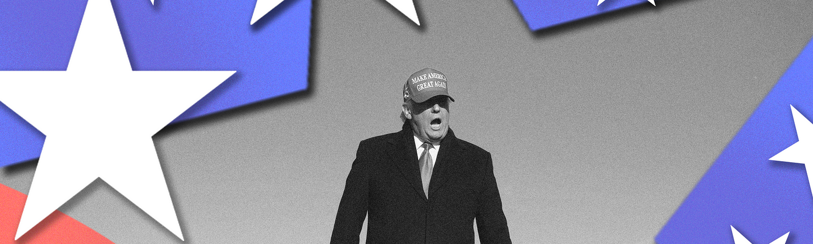 Black and white image of Donald Trump against stars and stripes graphics in foreground.