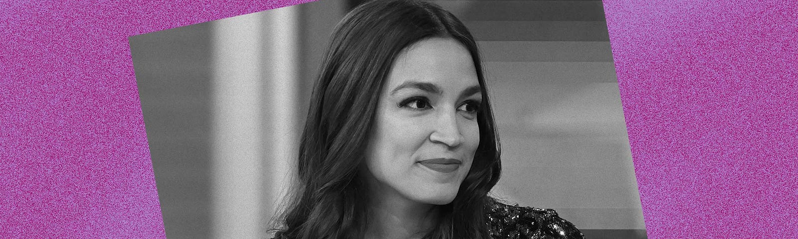 Black and white photo of Alexandria Ocasio-Cortez against a violet background.