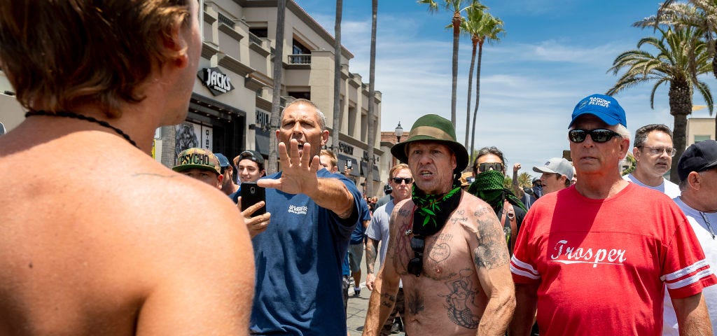 Anti-BLM protestors clash with a BLM supporter at a counter protest.