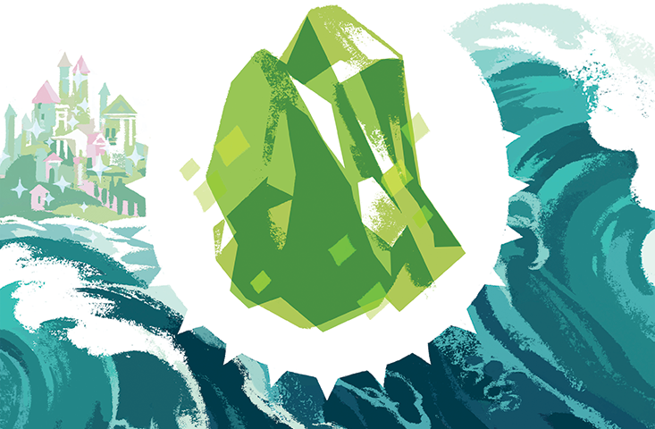 A stylized illustration of a large peridot crystal floating above ocean waves, with a castle in the distance.