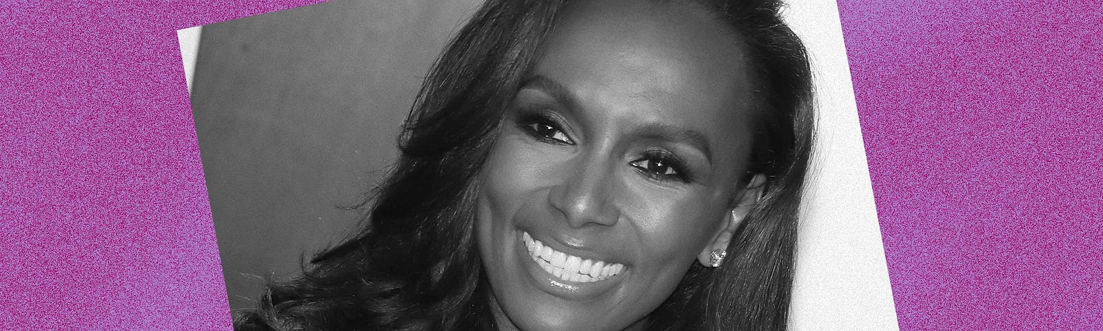 Black and white photo of Janet Mock against a violet background.