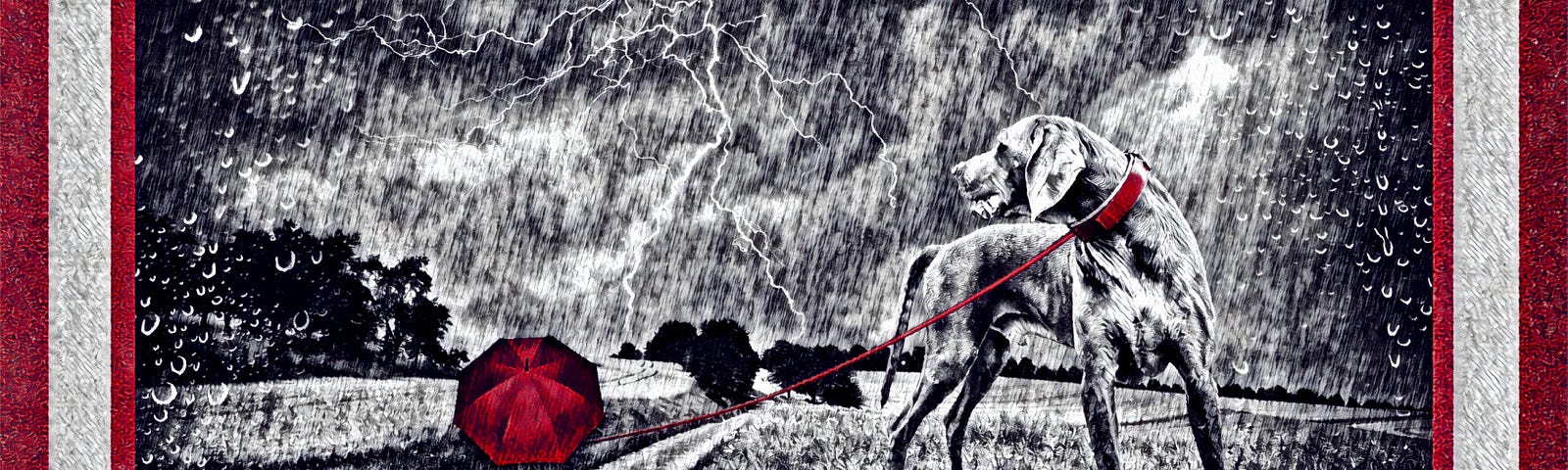 A young girl with a red umbrella walking a giant dog in the rain