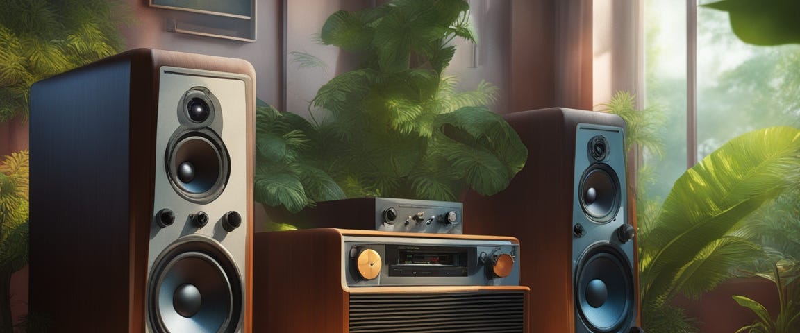 Picture of vintage stereo system with two large speakers.