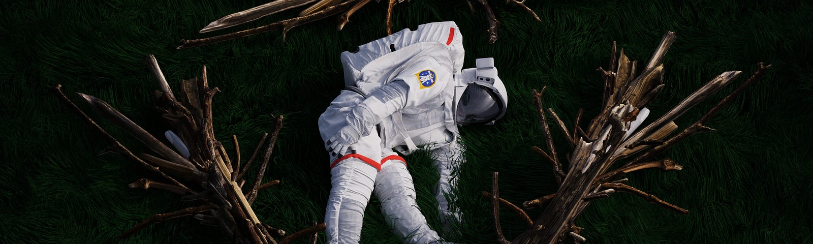 Aan astronaut lies on a dark field of grass, surrounded by bundles of sticks