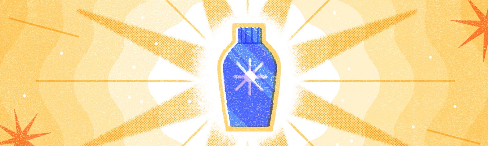 An illustration of a generic blue bottle with a “sun” shaped icon, set against a bright yellow background, centered on the shape of a sun.