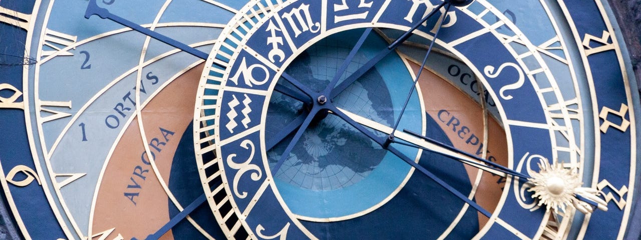 Clock face with astrology and similar wheels on top of it