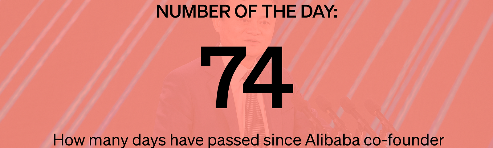 Graphic asset for Marker # of Day — 74: That’s how long it’s been since Chinese billionaire Jack Ma was last seen in public.