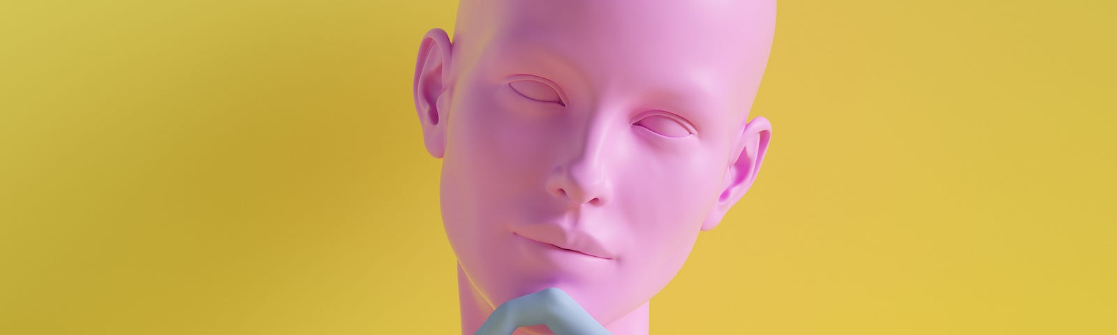 A 3D render of a human face with a finger on its chin, contemplative pose.