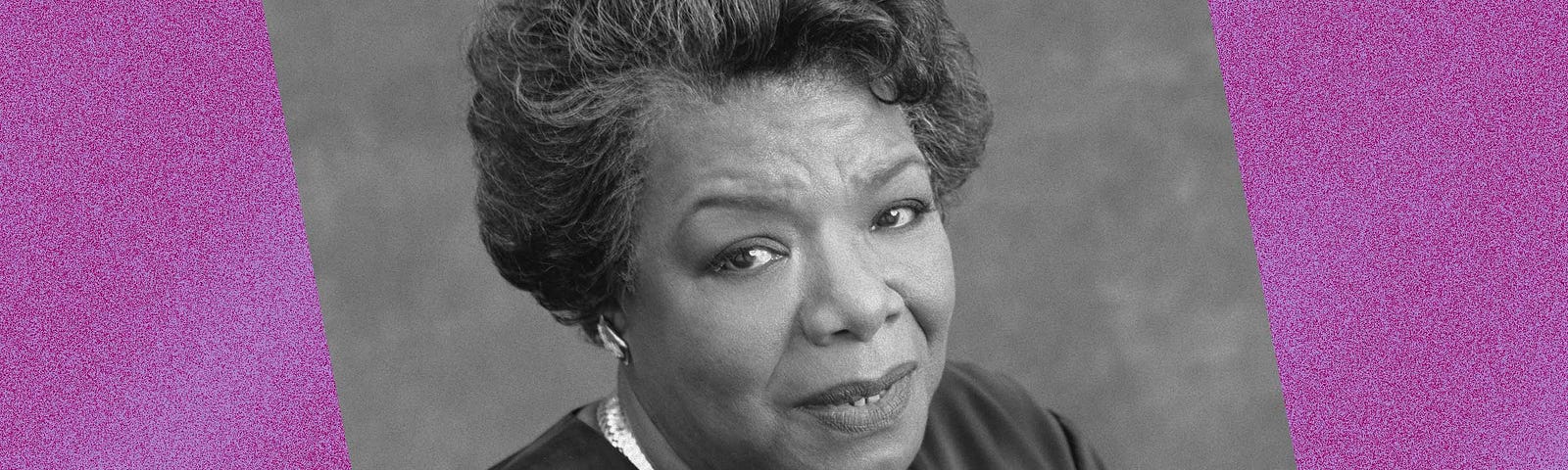 Black and white image of Maya Angelou against a violet background.