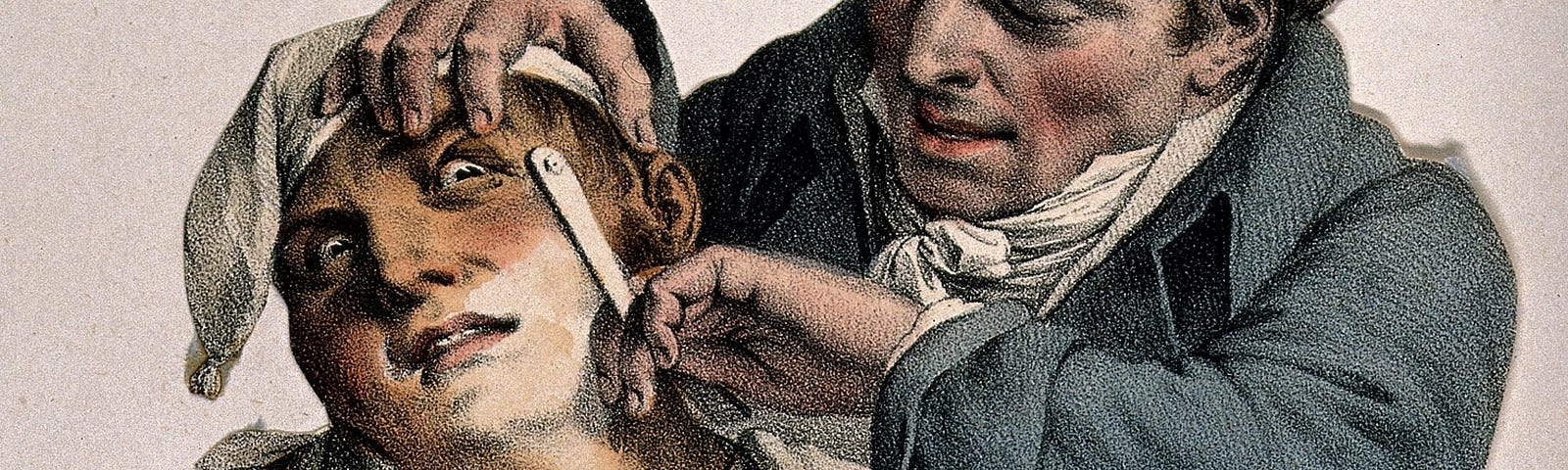 A barber shaving a man who looks extremely fearful.