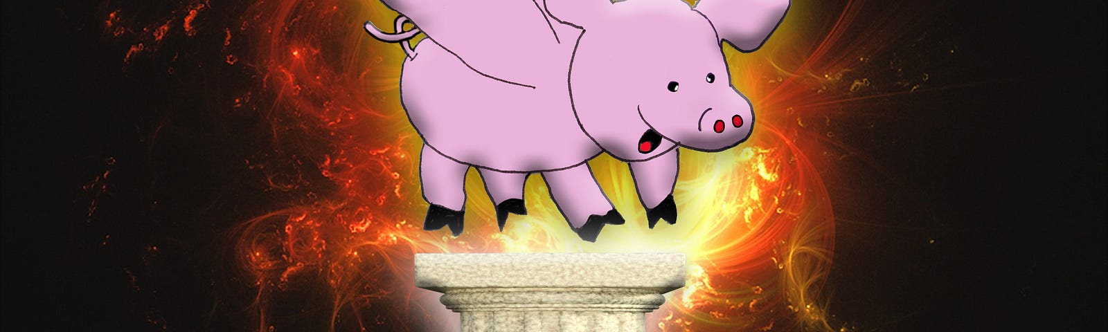 A flying pink pig alights on a pedestal with a background of fire