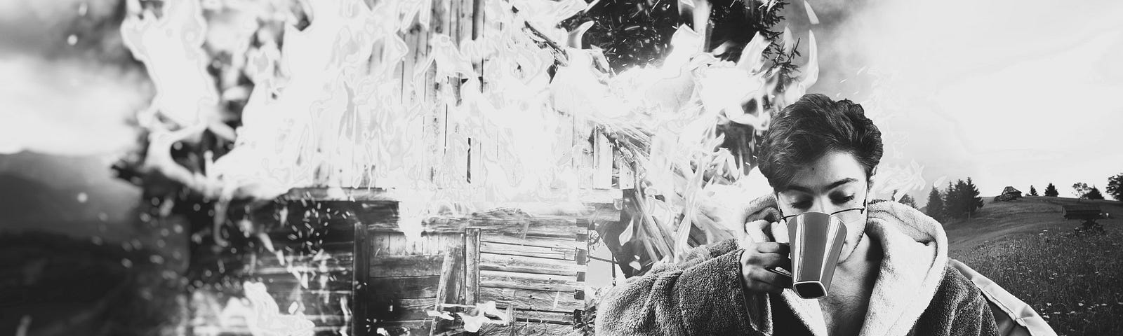 Image of a man sitting in a chair with a book and a cup of coffee looking very relaxed as a house is on fire directly behind him.