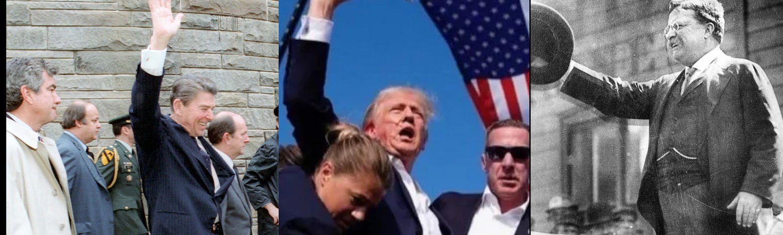 What three U.S. presidents were shot and survived? Theodore Roosevelt (1912), Ronald Reagan (1981), and Donald Trump (July 13, 2024). Above: Photos from moments before (or after) they were shot are similar, with each holding his right hand high. All three were Republican presidents shot in a crowd. Trump and Roosevelt were both former presidents running for their old jobs. Reagan was shot two months after taking office-collage by Joseph Serwach using public domain images via Wikimedia Commons.