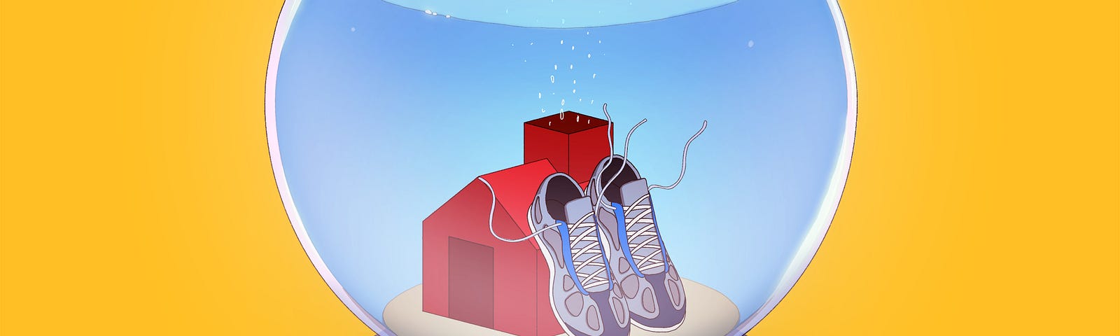 A pair of running shoes and a small house inside a fishbowl.