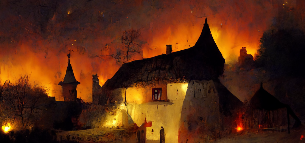 A medieval hamlet on fire.