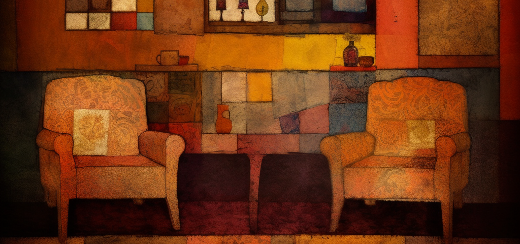 An old-fashioned living room in the style of paul klee.