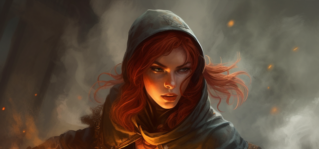 A hooded roleplaying character wielding flames
