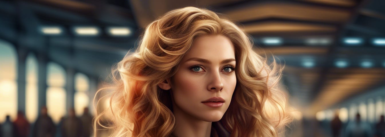 Blonde woman with wavy hair at the airport. She looks alert, as if she knows something will happen.