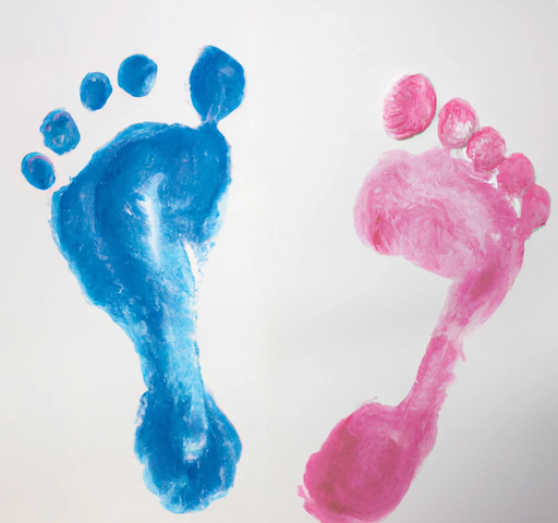 A pair of baby footprints, one blue, one pink.