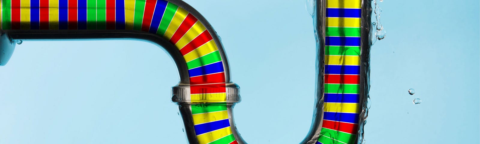 The pipes under a sink overlaid with a thick line made of multicolored stripes, representing genetic code.