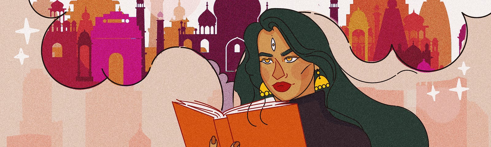 An illustration of a South Asian woman reading a book. A rich landscape of a South Asian city emerges from the book.