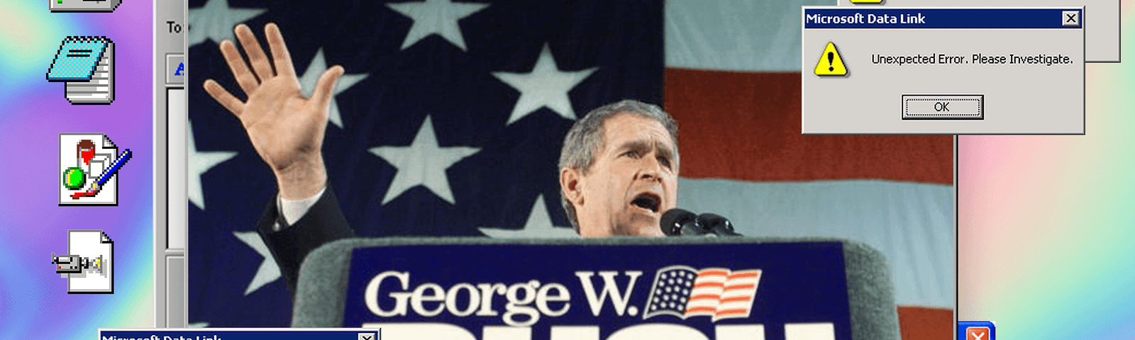 George Bush for President image with error messages on a Windows 95 desktop.